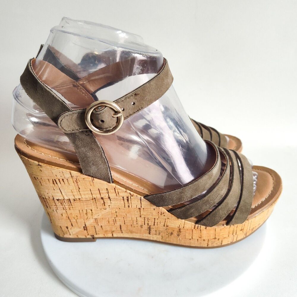 Franco Sarto Sandals Size 7 Wedge Cork‎ Boho Suede Olive Ankle Strap Open Toe